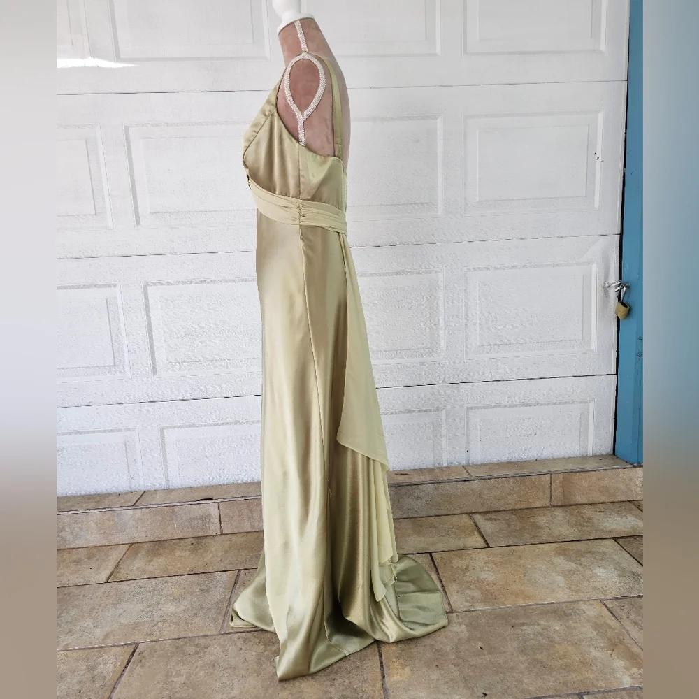 Night Way green satin gown beaded waist elegant formal evening dress 10 - Picture 3 of 12